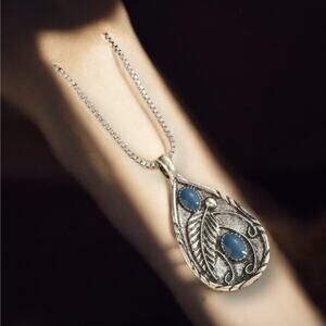 New Bold Teardrop Pendant Turquoise Blue Silver Feather Necklace Chain